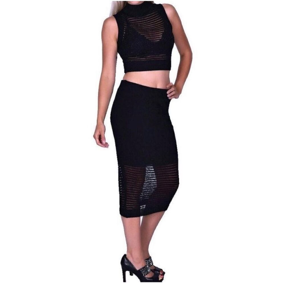NWT Womens Rohab Semi-Sheer Sweater Knit Midi Pencil Skirt in Black - Sz L